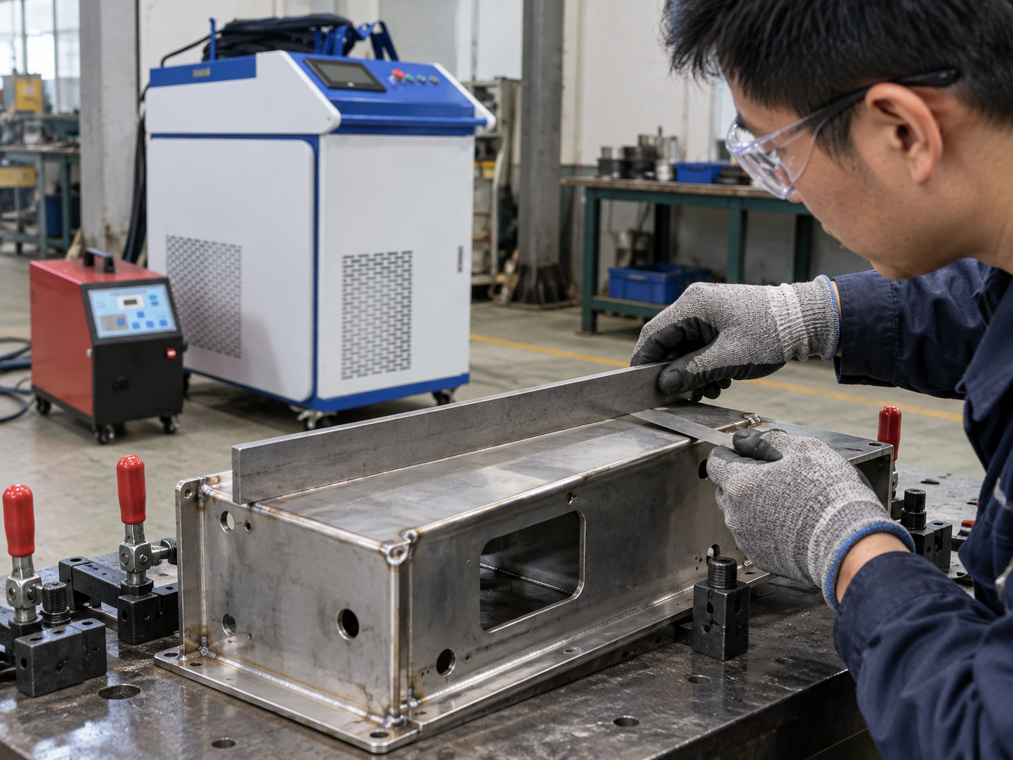 Operator checking alignment and fit-up on a fabricated metal assembly held in a welding fixture