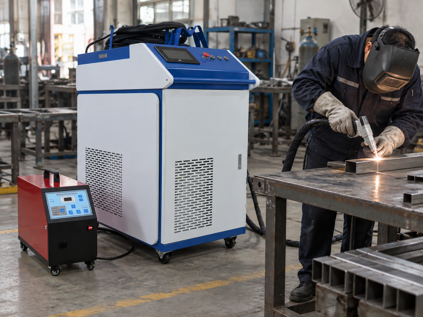 Operator using a handheld laser welding system in a metal fabrication workshop
