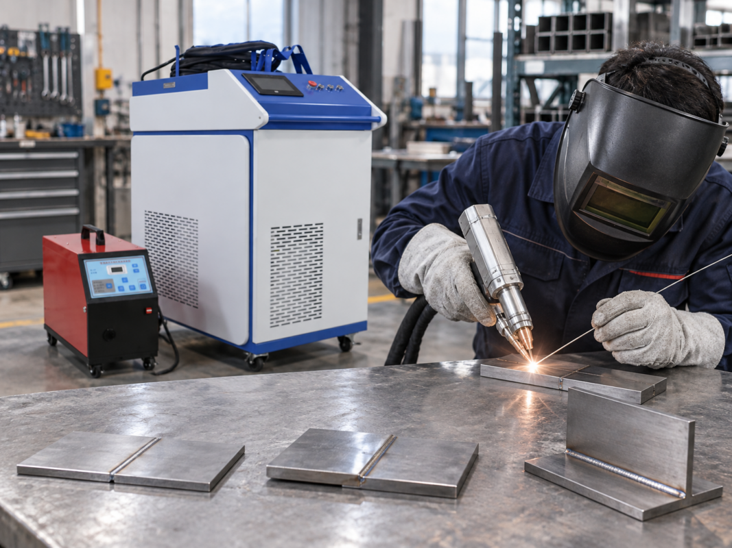 Handheld laser welder with wire feed for butt, lap and fillet joints