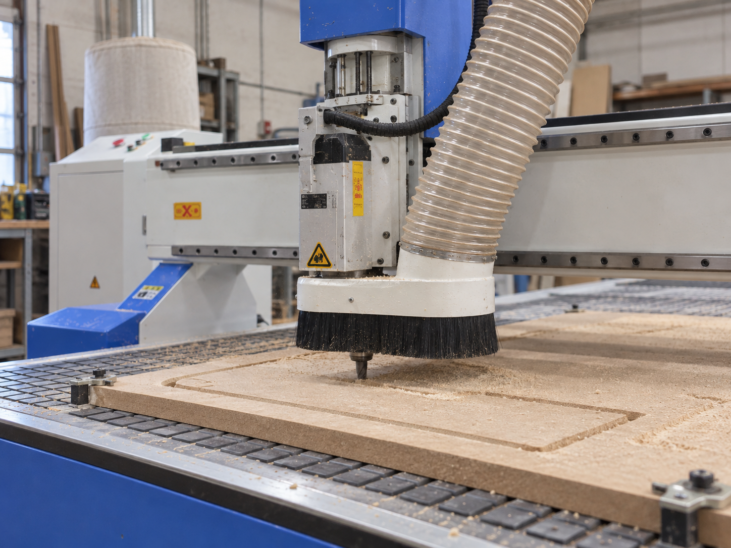 CNC router spindle dust shoe and extraction hose positioned over a routed workpiece