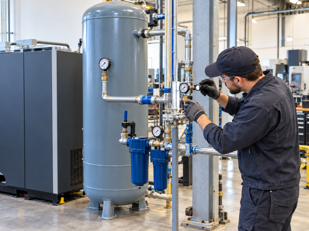 Technician checking a compressed air system for pressure drop caused by pipe size, receiver and air leaks