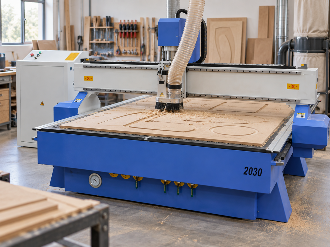 CNC router dust extraction with hood and flexible extraction hose