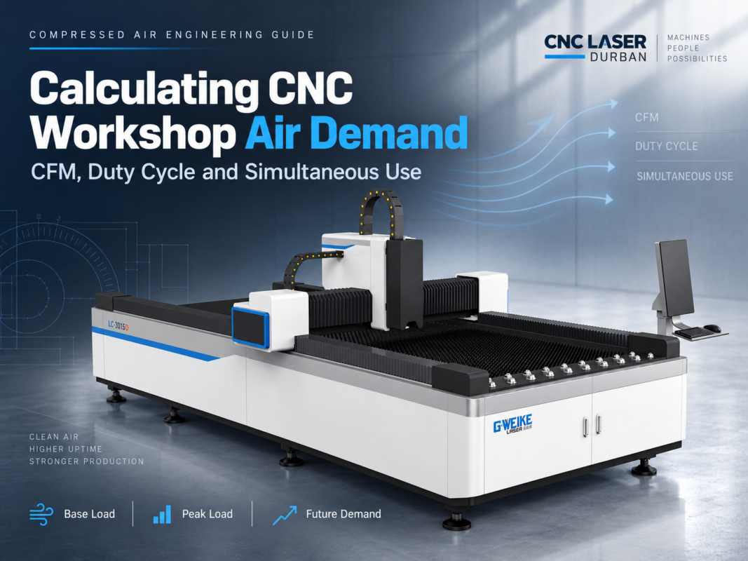 CNC laser cutting machine with workshop air demand, CFM, duty cycle and peak load concepts