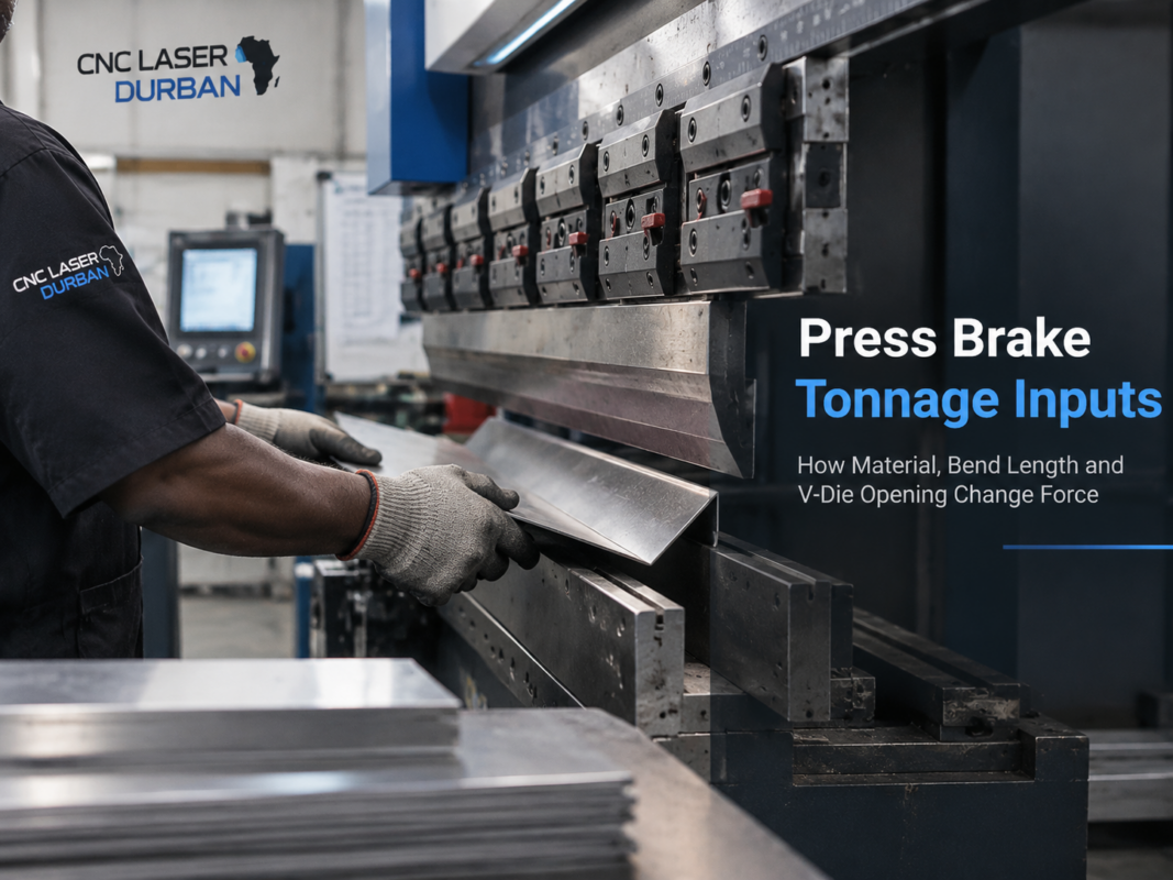 CNC press brake bending sheet metal with tonnage inputs for material strength, bend length and V-die opening