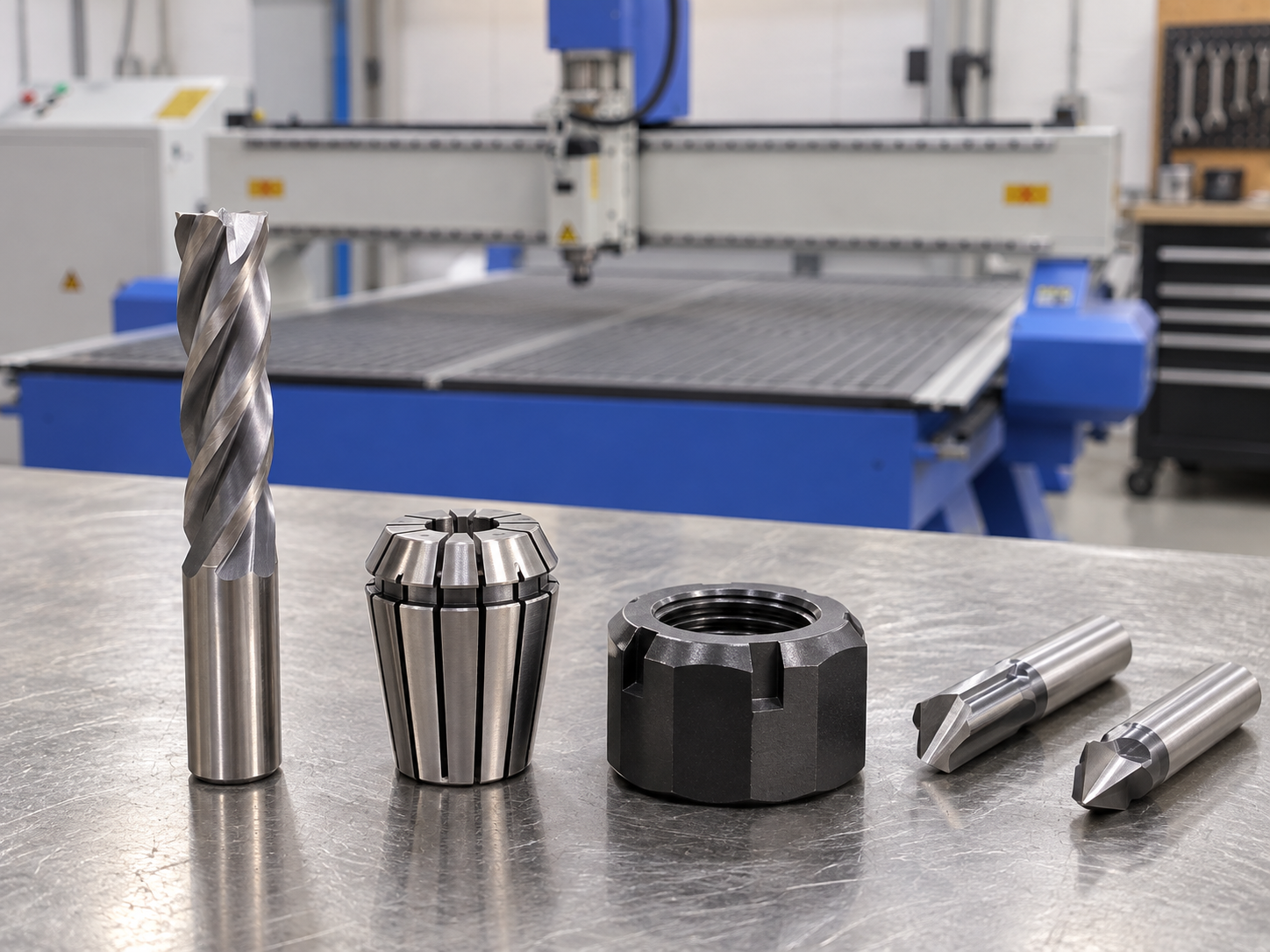 CNC router cutters, collet and retaining components used in a tooling setup